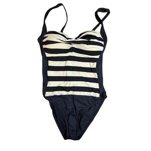 LA Blanca One Piece Swimsuit Black Cream Stripe Ruched Sweetheart Neck Pinup 8